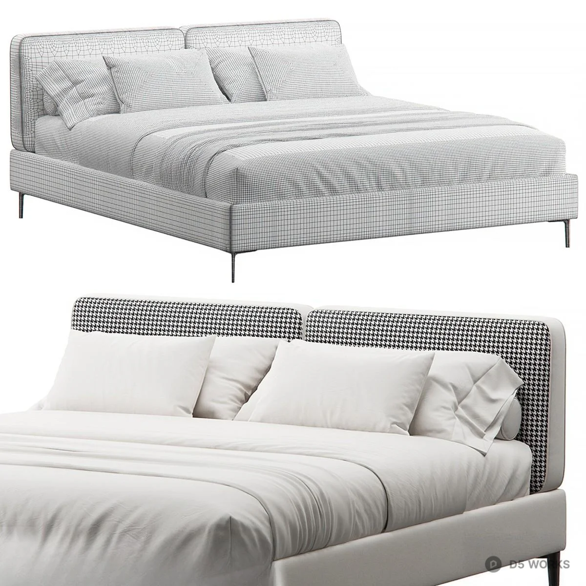 Houndstooth Headboard Double Bed 3d model thumbnail 3
