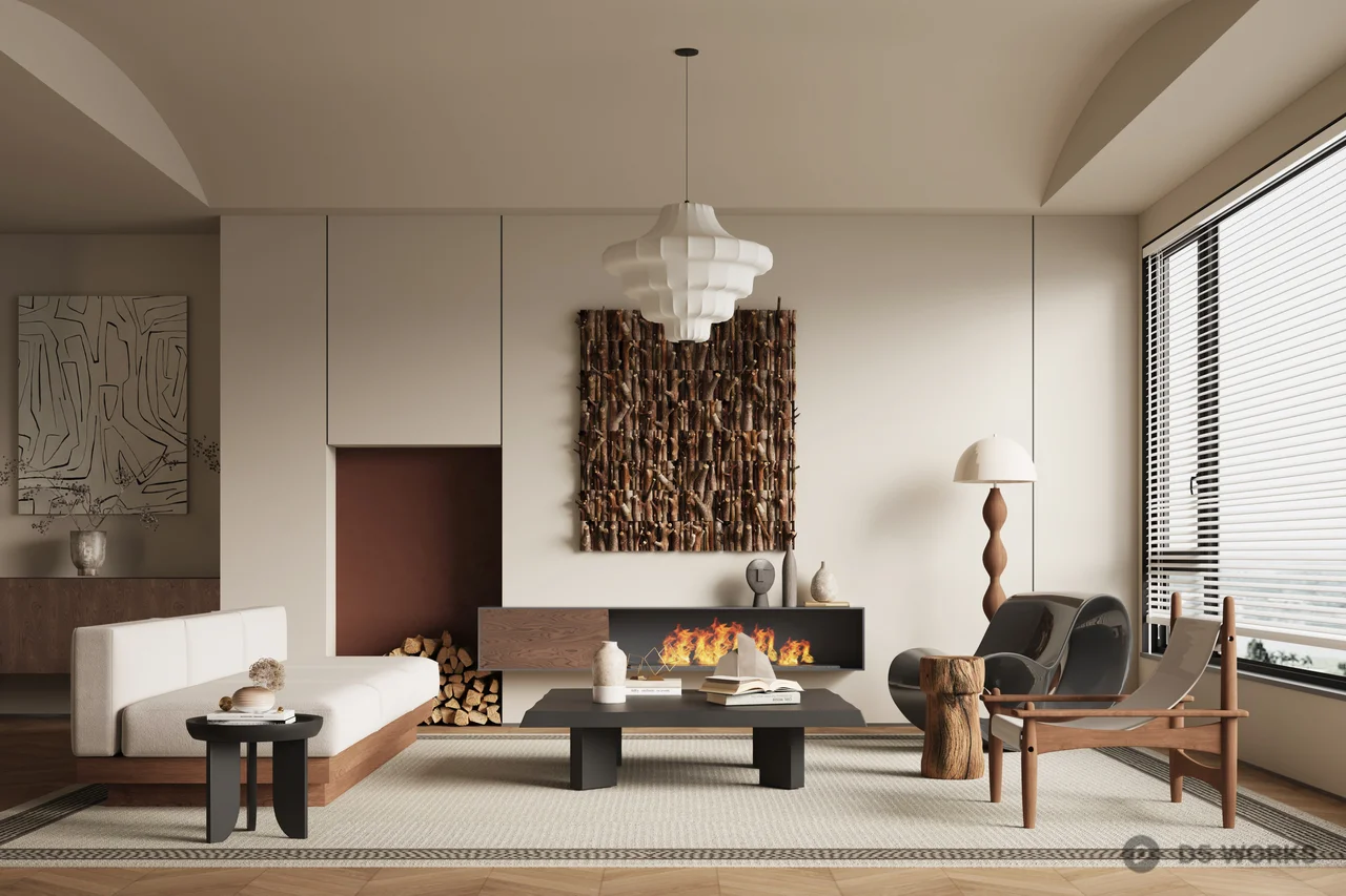 Minimalist Living Room With Textured Wall And Low Profile Furniture 3d model - Image 1