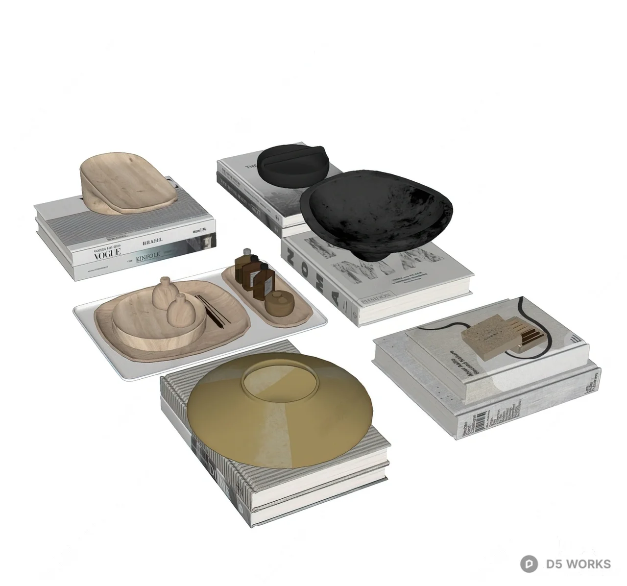 Minimalist Ceramic Bowl And Book Display Set 3d model thumbnail 2