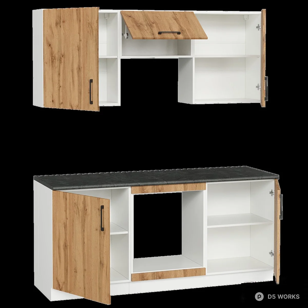 Free Wood Grain And White Modular Kitchen Cabinet Set 3D Model .max