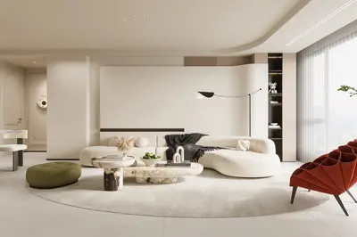 Minimalist Living Room with Curved Sofa and Circular Rug 3d model