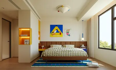 Modern Boy's Bedroom with Playful Art and Warm Lighting 3d model