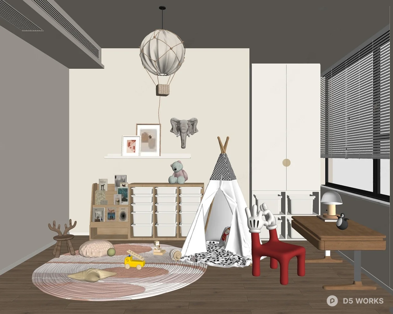 Minimalist Children's Room With Teepee And Study Nook 3d model thumbnail 2
