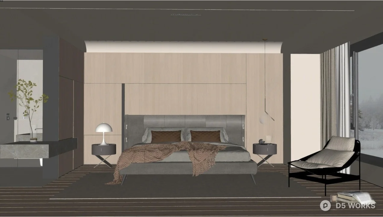 Minimalist Modern Bedroom With Integrated Headboard And Pendant Lighting 3d model thumbnail 2