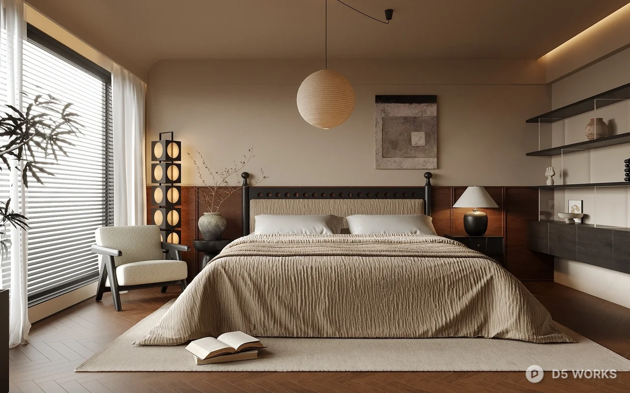 Minimalist Japanese Style Bedroom with Ambient Lighting 3d model - Image 1