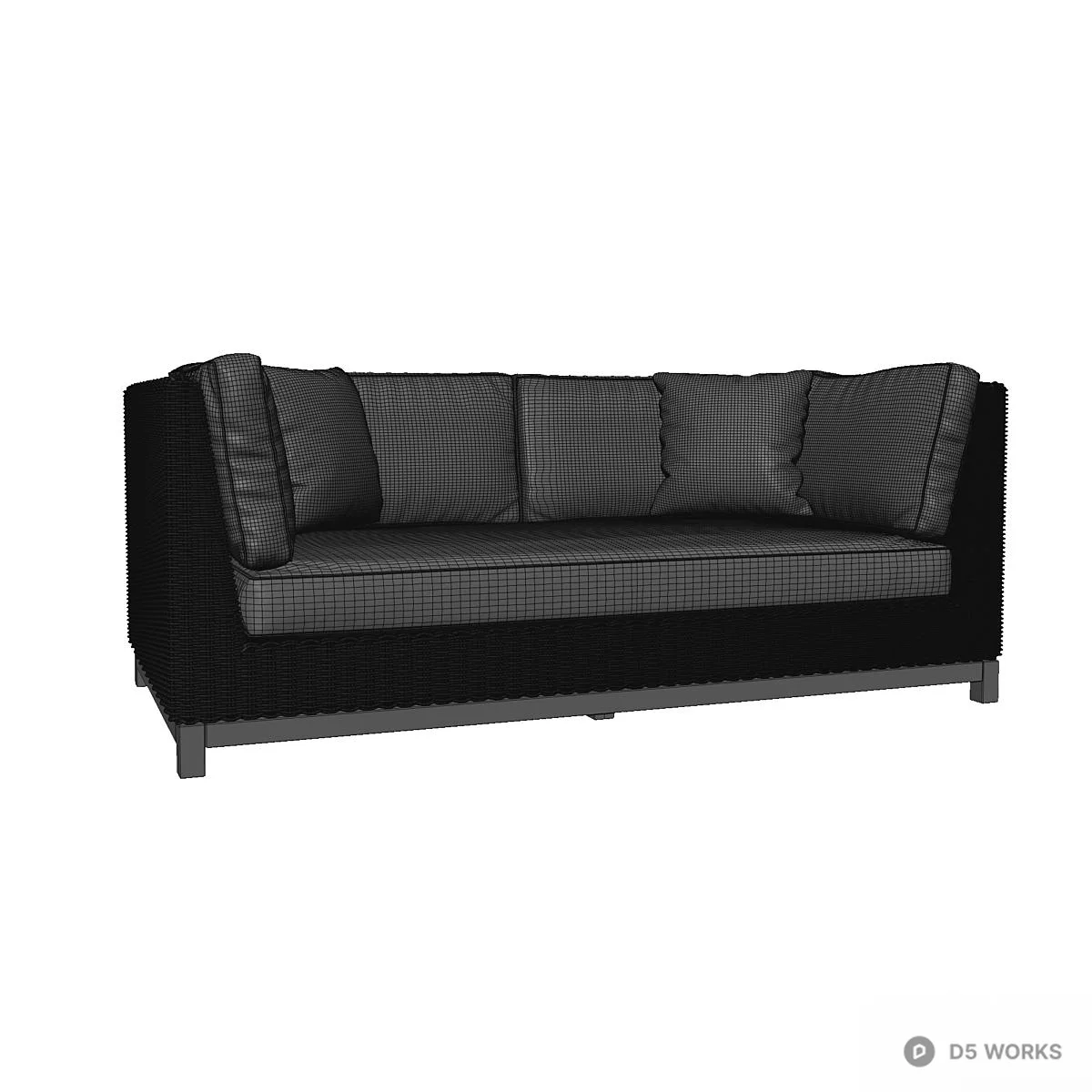 Wicker Frame Three-Seater Sofa With Gray Cushions 3d model thumbnail 4