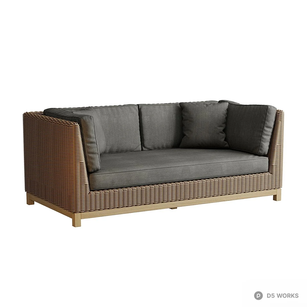 Wicker Frame Three-Seater Sofa With Gray Cushions 3d model thumbnail 2