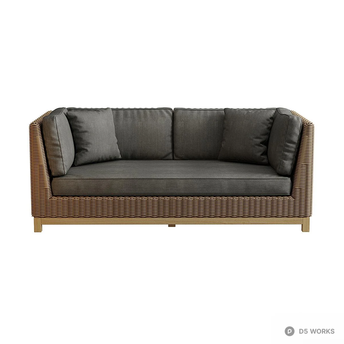 Wicker Frame Three-Seater Sofa With Gray Cushions 3d model thumbnail 3