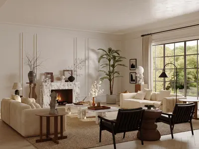 Minimalist Living Room with Fireplace and Large Windows 3d model