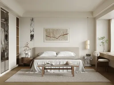 Wabi-Sabi Style Bedroom with Minimalist Bedding and Natural Light 3d model