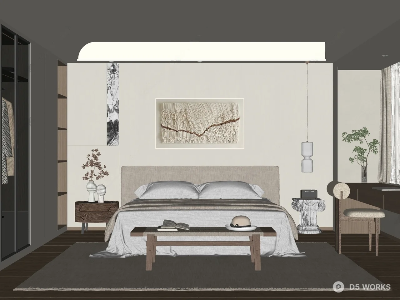 Wabi-Sabi Style Bedroom with Minimalist Bedding and Natural Light 3d model thumbnail 2