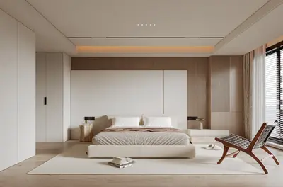 Minimalist Modern Bedroom With Wooden Accent Wall And Lounge Chair 3d model