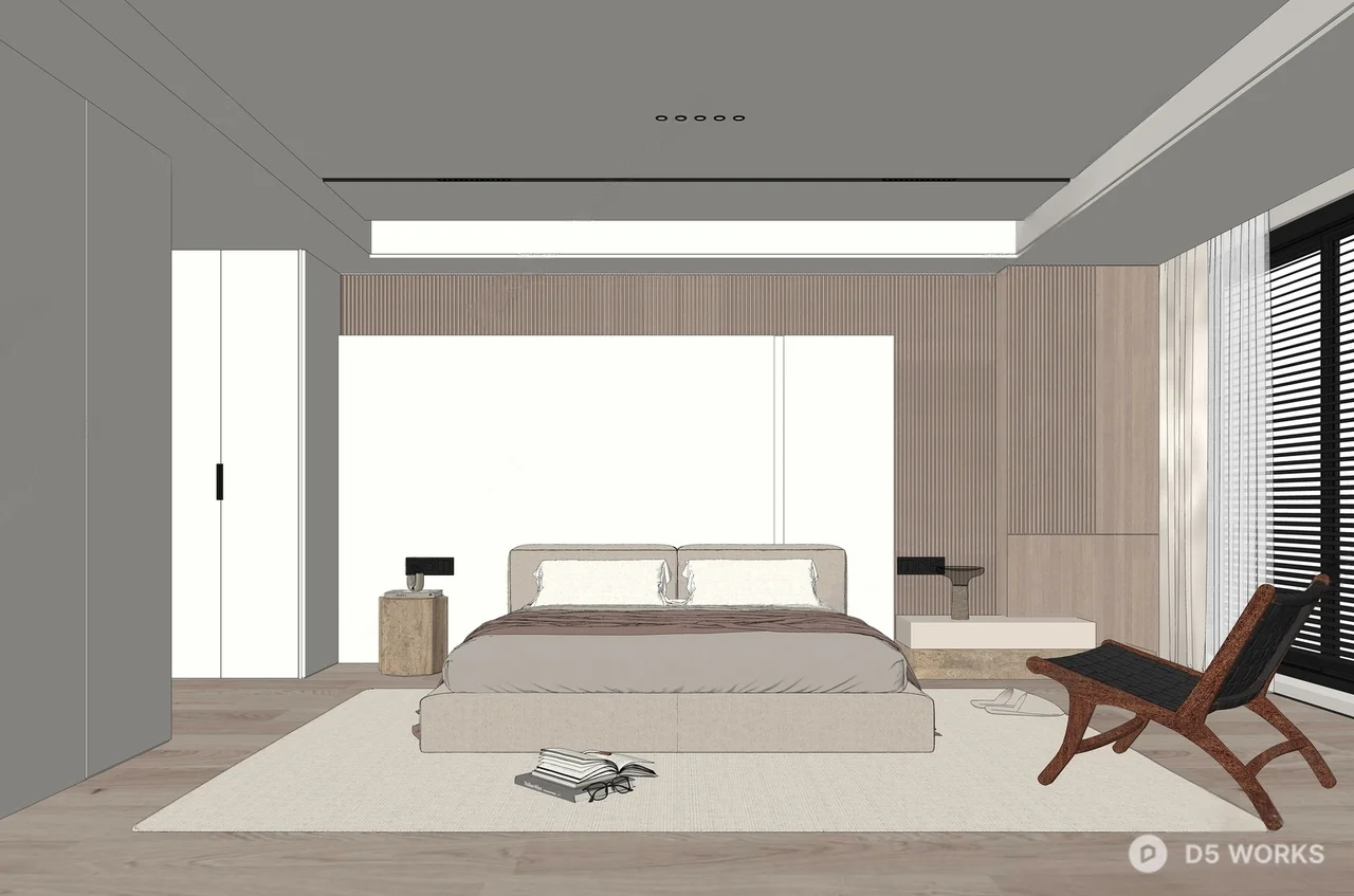 Minimalist Modern Bedroom With Wooden Accent Wall And Lounge Chair 3d model thumbnail 2