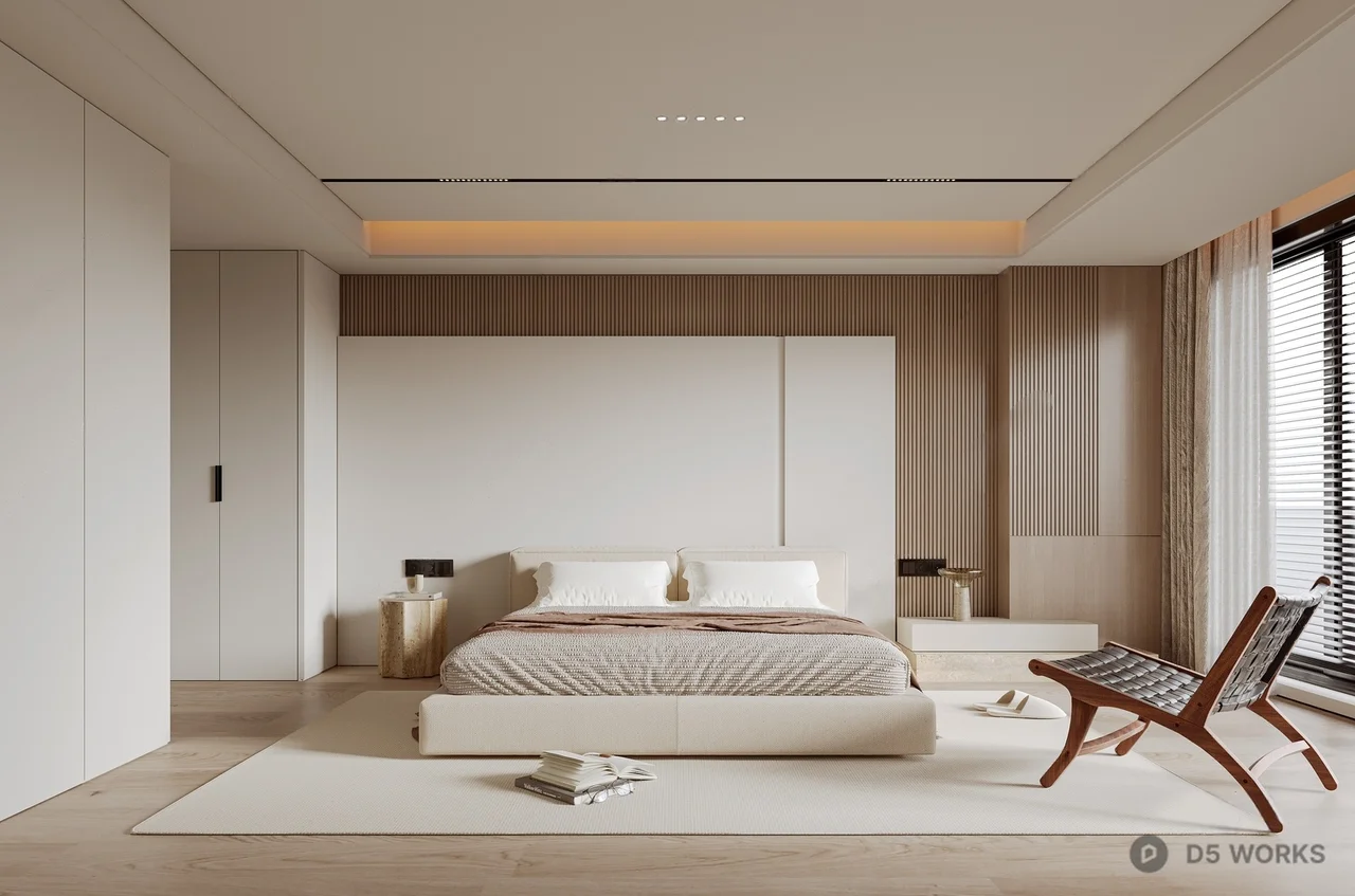 Minimalist Modern Bedroom With Wooden Accent Wall And Lounge Chair 3d model - Image 1