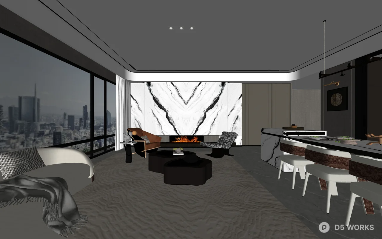 Modern Minimalist Living Dining Space With City View 3d model thumbnail 3