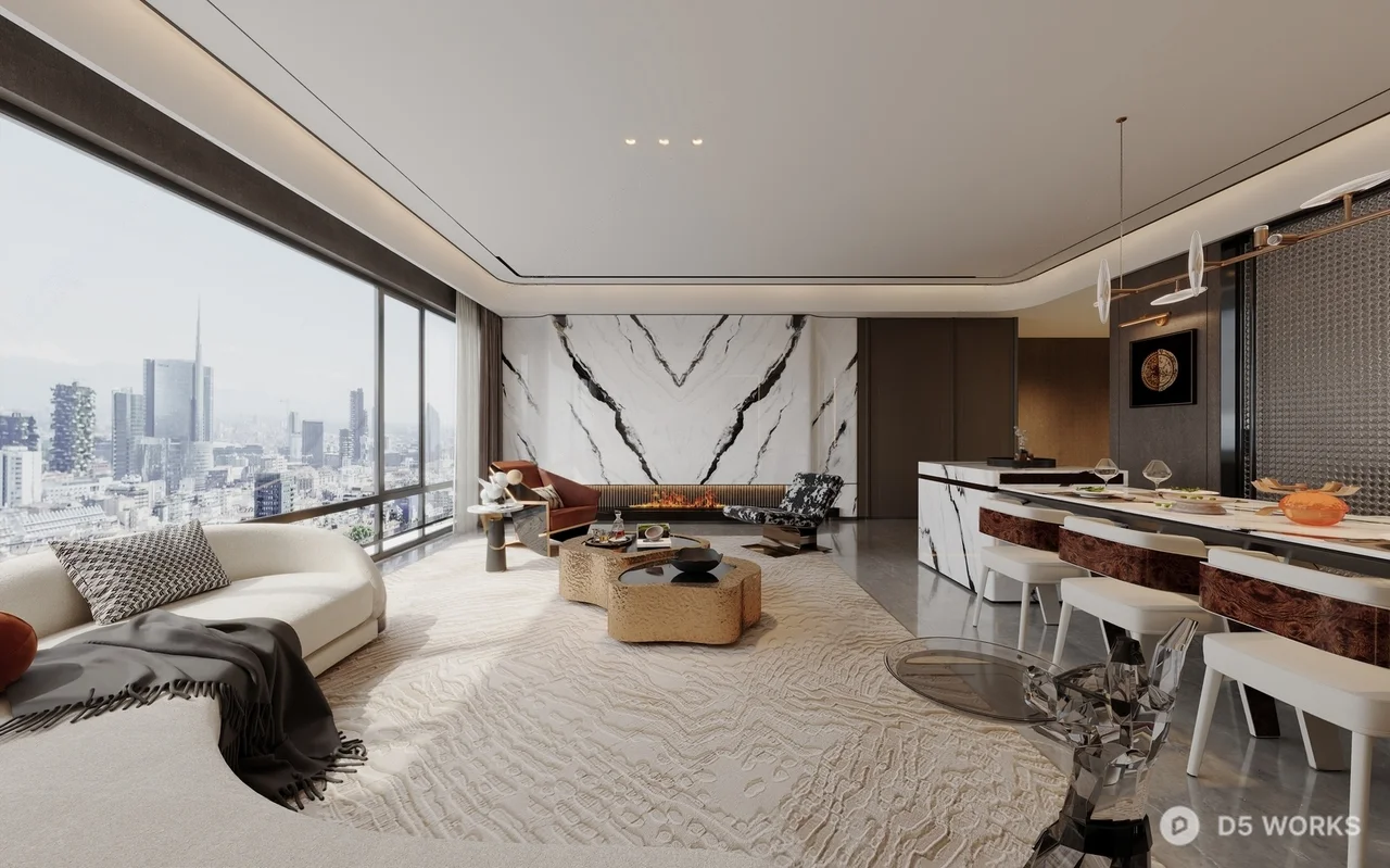 Modern Minimalist Living Dining Space With City View 3d model thumbnail 2