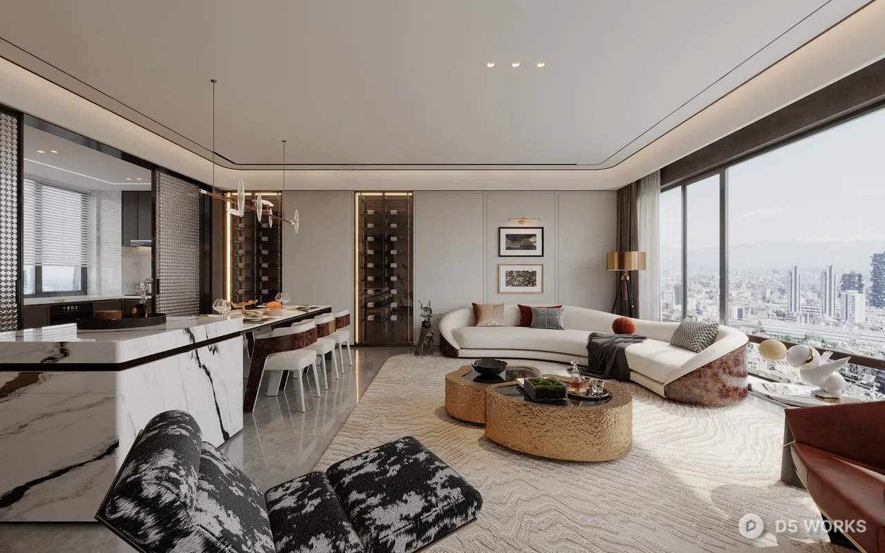 Modern Minimalist Living Dining Space With City View 3d model - Image 1