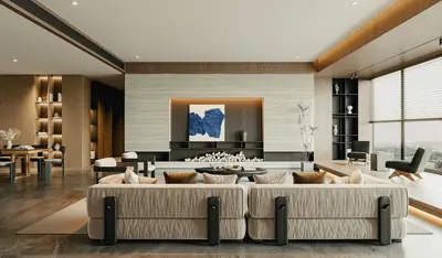 Modern Minimalist Living Room With Textured Sofa And Stone Accent Wall 3d model