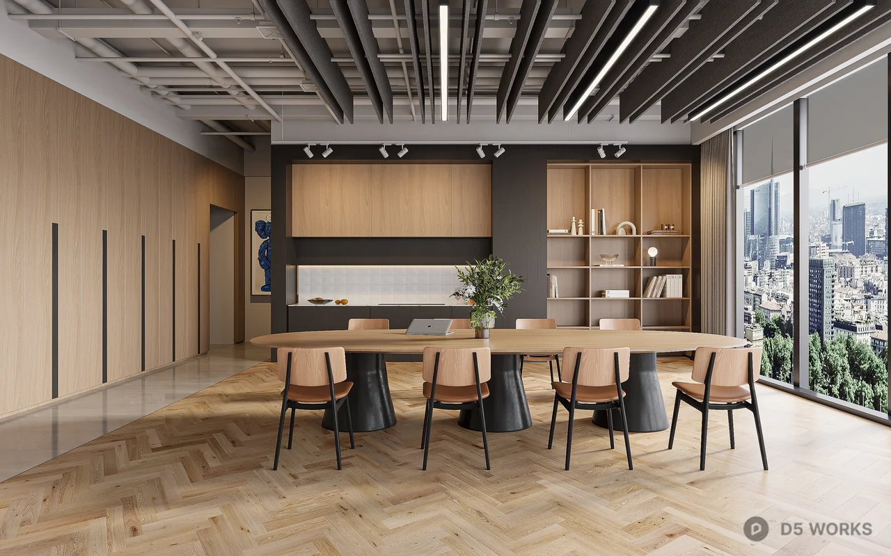 Modern Office Break Room with City View 3d model - Image 1
