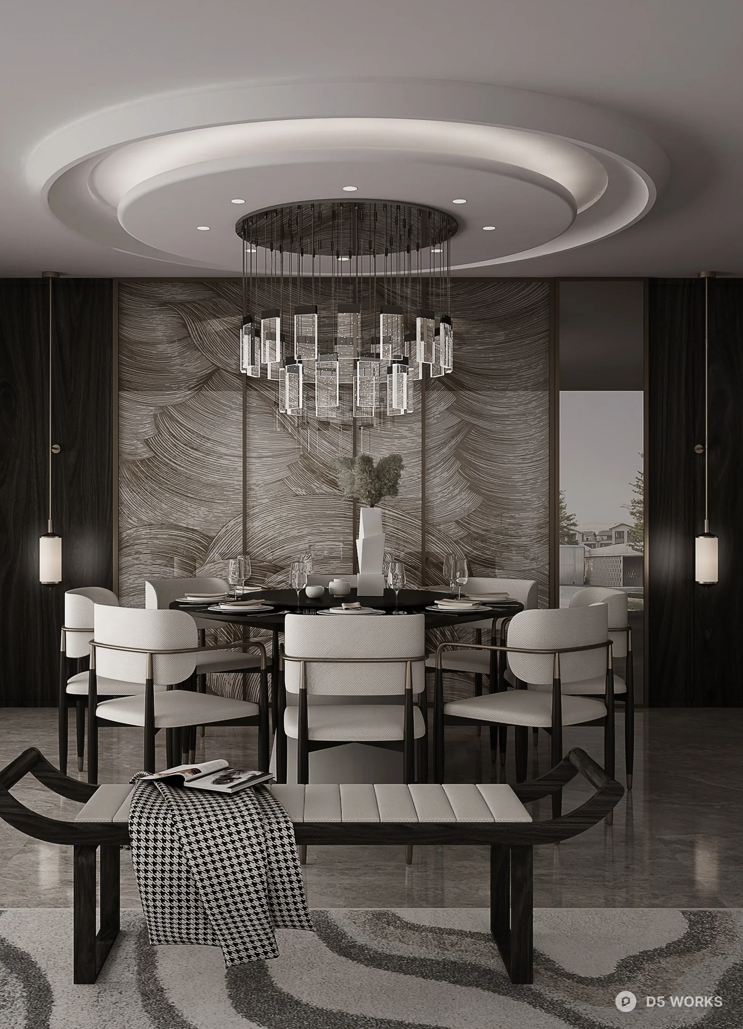 Modern Minimalist Dining Room With Marble Accent Wall 3D Model .skp