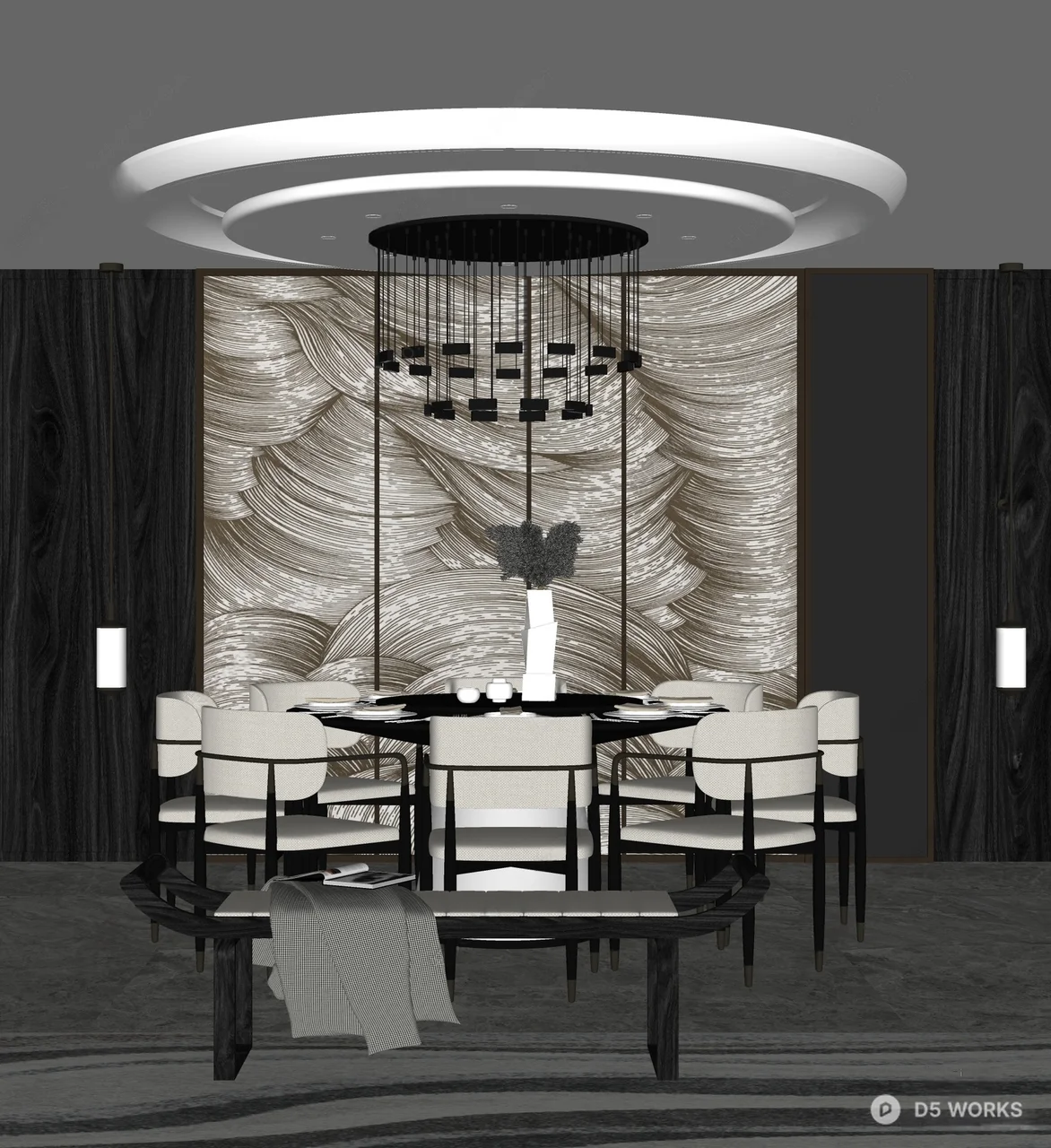 Modern Minimalist Dining Room With Marble Accent Wall 3d model thumbnail 2