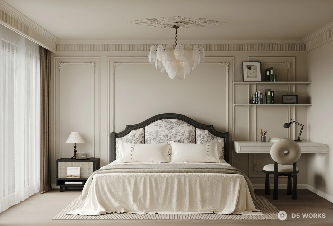 Elegant Bedroom With Classic Headboard And Soft Lighting 3d model - Image 1