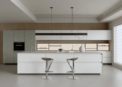 Minimalist Open Kitchen With Island And Bar Stools 3d model