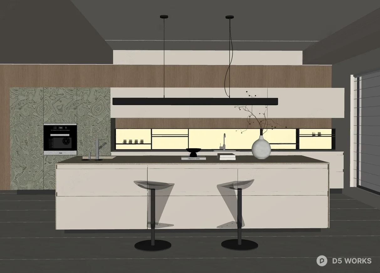 Minimalist Open Kitchen With Island And Bar Stools 3d model thumbnail 2