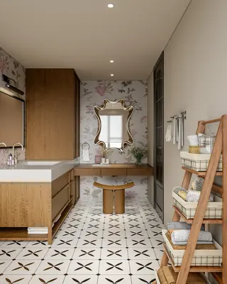 Modern Minimalist Bathroom With Geometric Tile And Floral Wallpaper 3d model