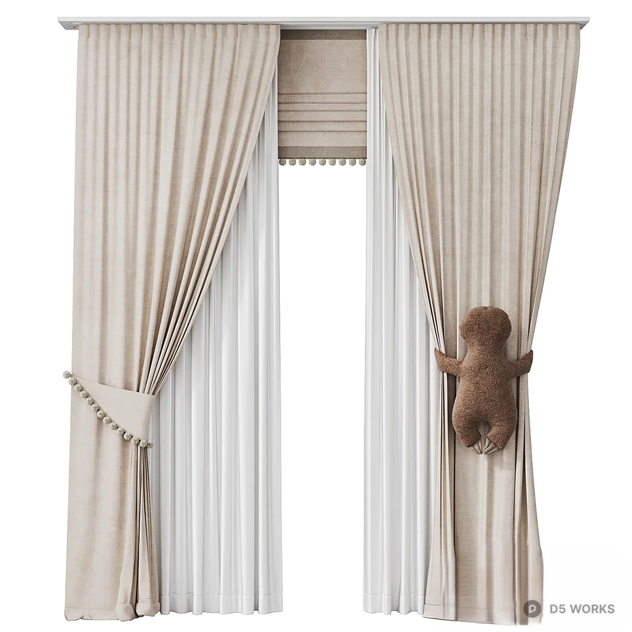 Beige Pleated Drape with Tassel Tieback 3d model - Image 1