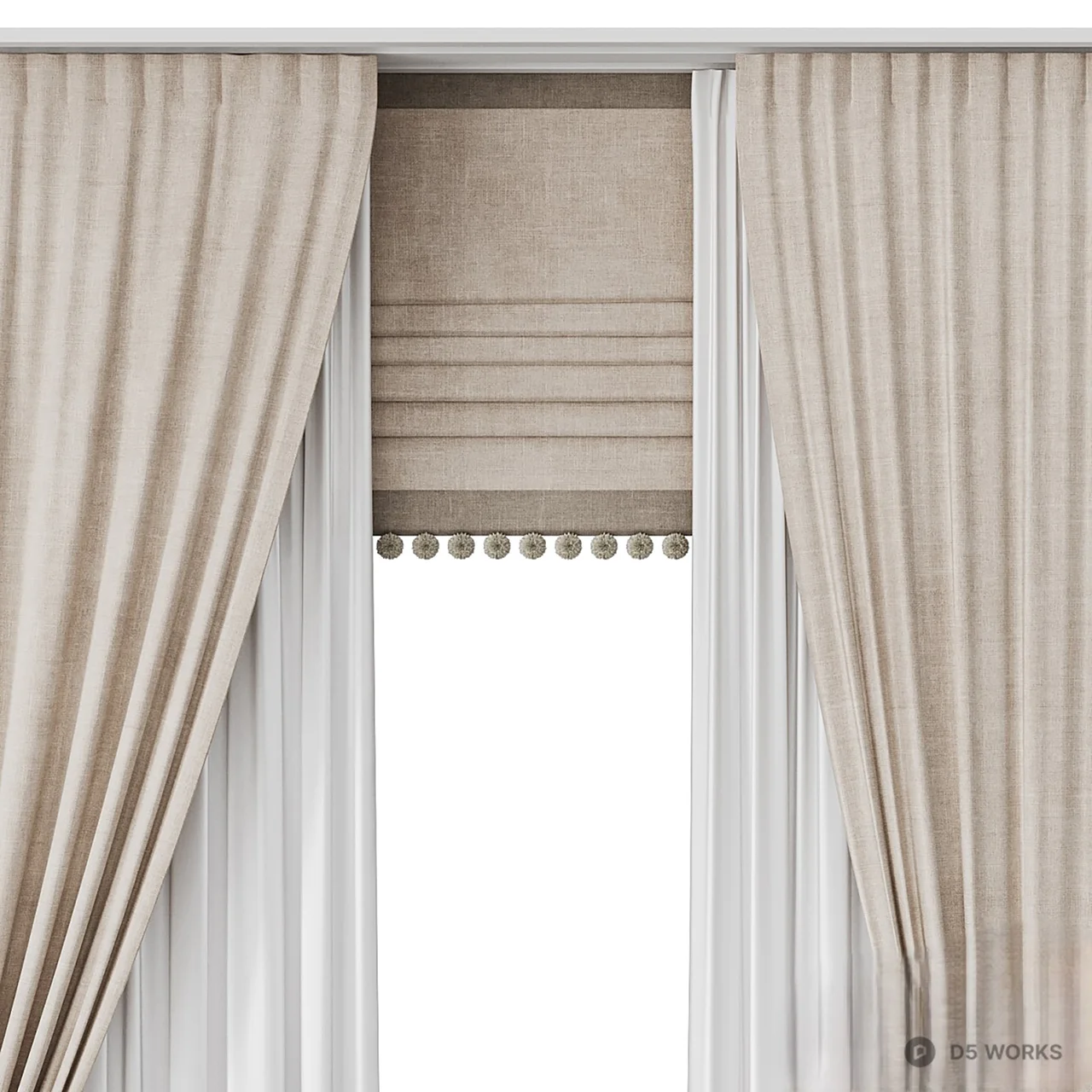 Beige Pleated Drape with Tassel Tieback 3d model thumbnail 2