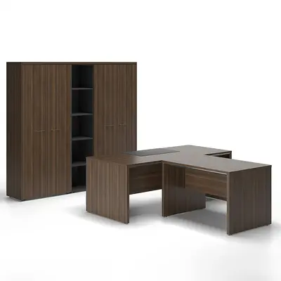 Wooden L Shaped Office Desk With Storage Cabinet 3d model