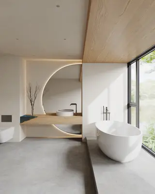 Minimalist Bathroom With Oval Bathtub And Curved Vanity 3d model