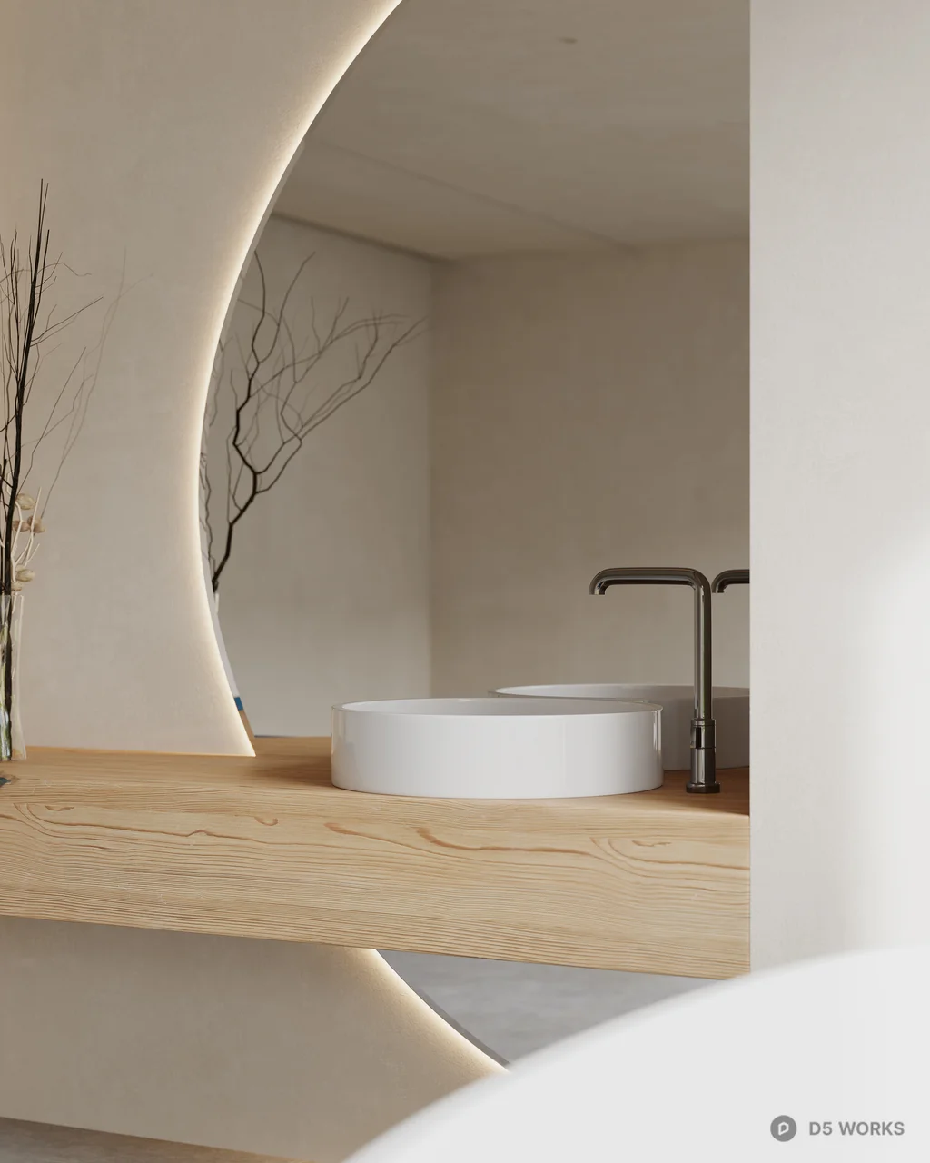 Minimalist Bathroom With Oval Bathtub And Curved Vanity 3d model thumbnail 3