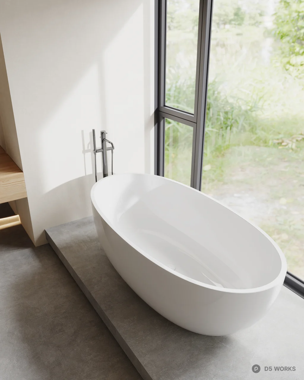Minimalist Bathroom With Oval Bathtub And Curved Vanity 3d model thumbnail 2