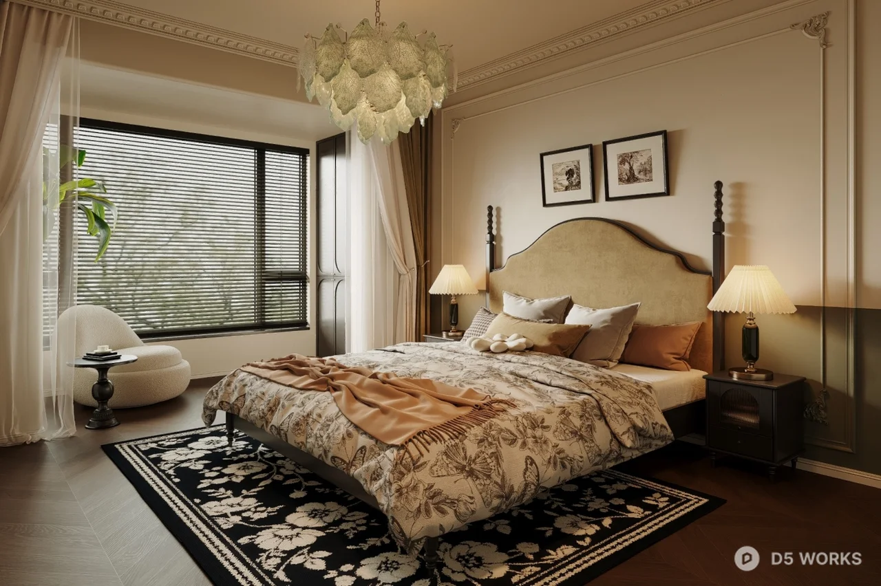 Classic Style Bedroom with Ornate Chandelier 3d model - Image 1