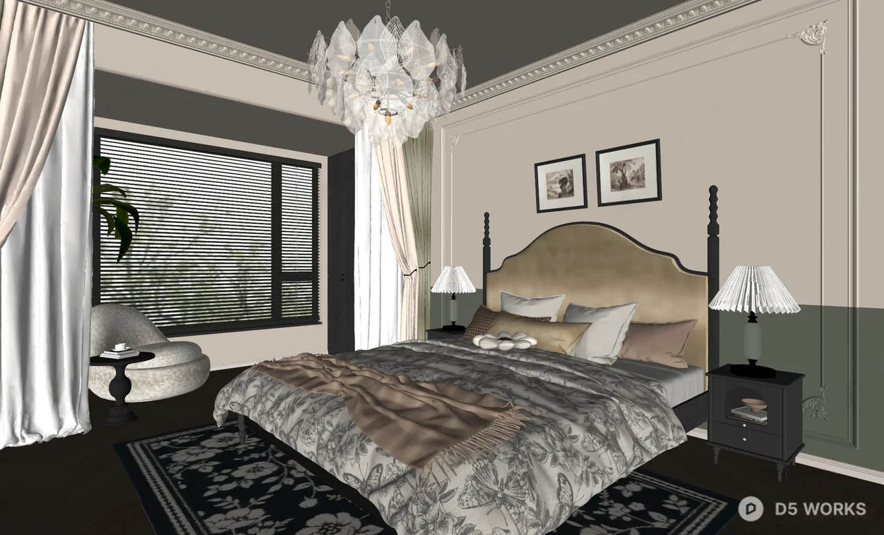 Classic Style Bedroom with Ornate Chandelier 3d model thumbnail 2