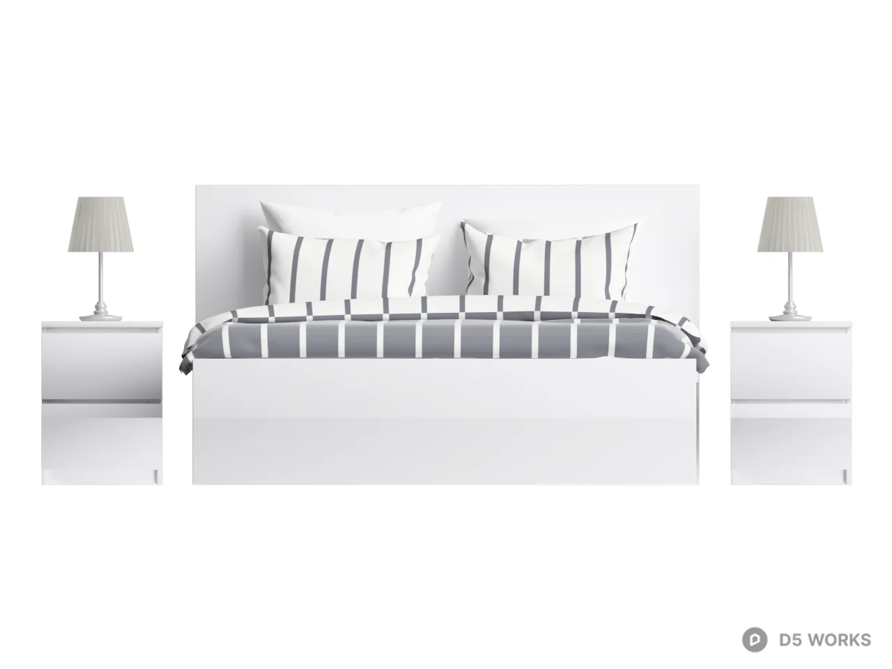 Minimalist White Double Bed With Striped Bedding 3d model thumbnail 2