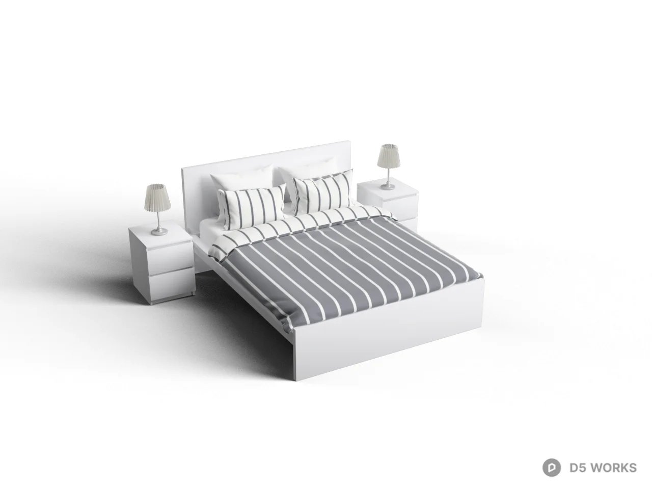 Minimalist White Double Bed With Striped Bedding 3d model - Image 1