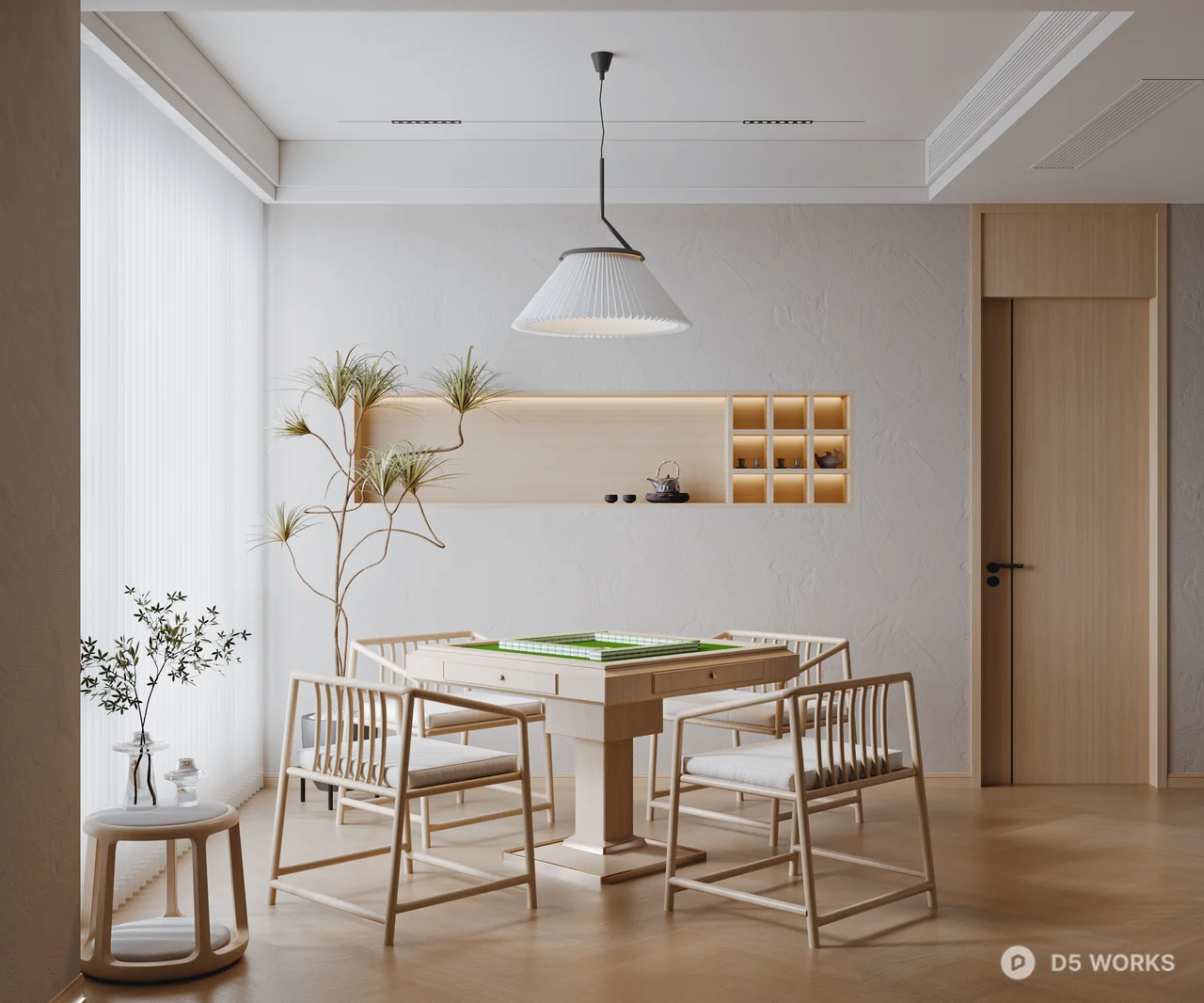 Minimalist Mahjong Room with Wooden Furniture 3d model - Image 1