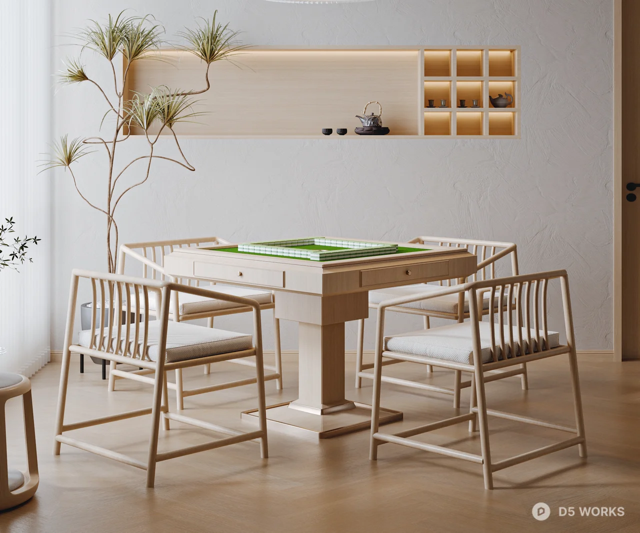 Minimalist Mahjong Room with Wooden Furniture 3d model thumbnail 2