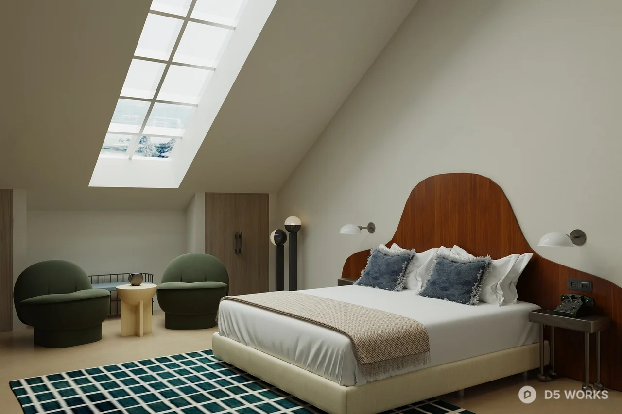 Mid Century Modern Bedroom with Skylight and Curved Headboard 3d model - Image 1