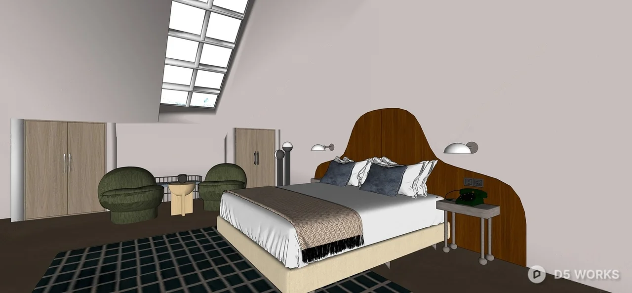 Mid Century Modern Bedroom with Skylight and Curved Headboard 3d model thumbnail 2