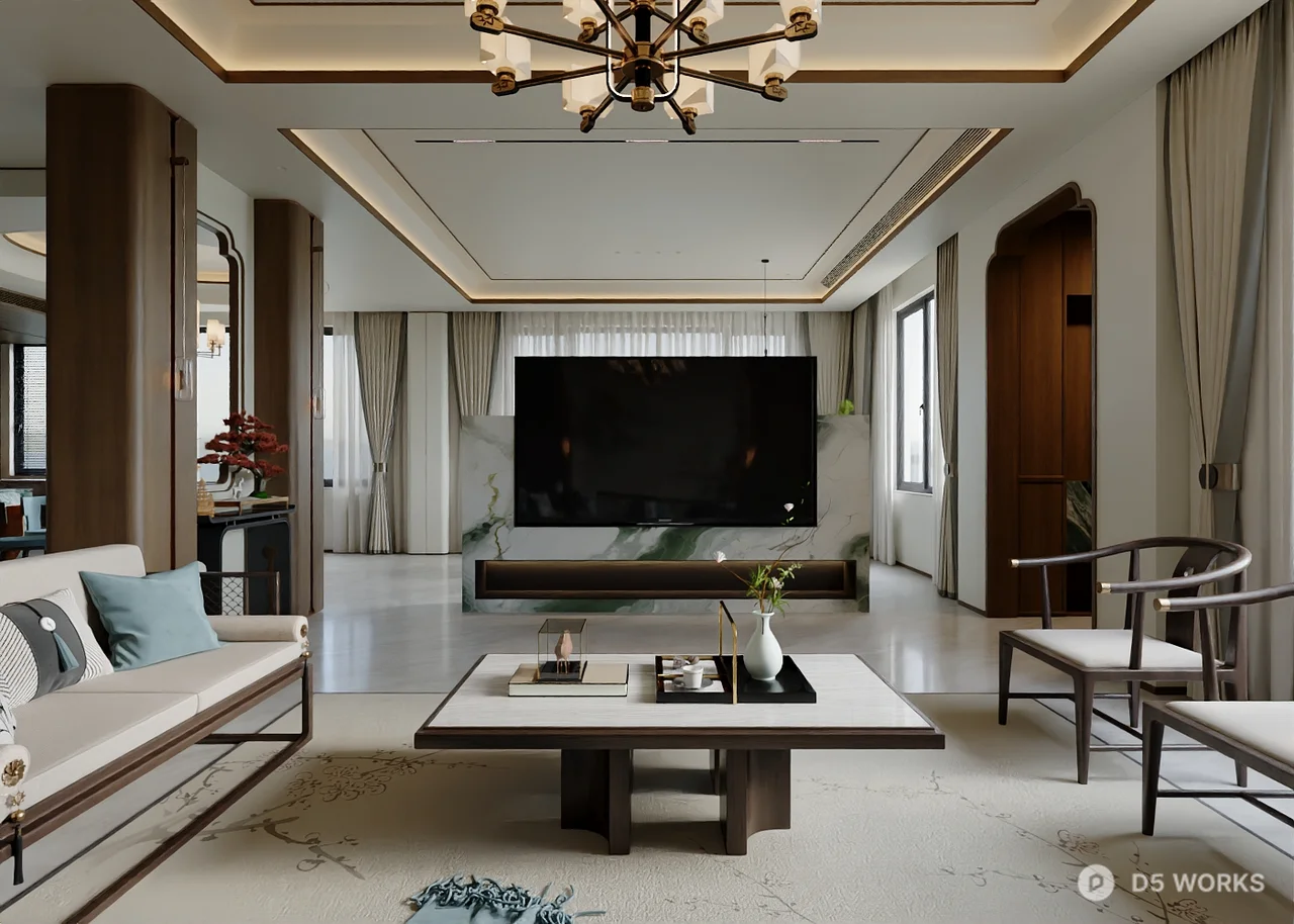 Modern Chinese Living Dining Space 3d model - Image 1