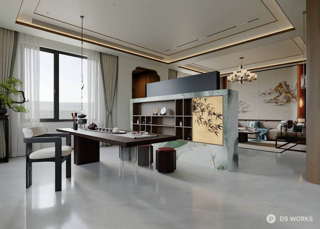 Modern Chinese Living Dining Space 3d model thumbnail 2