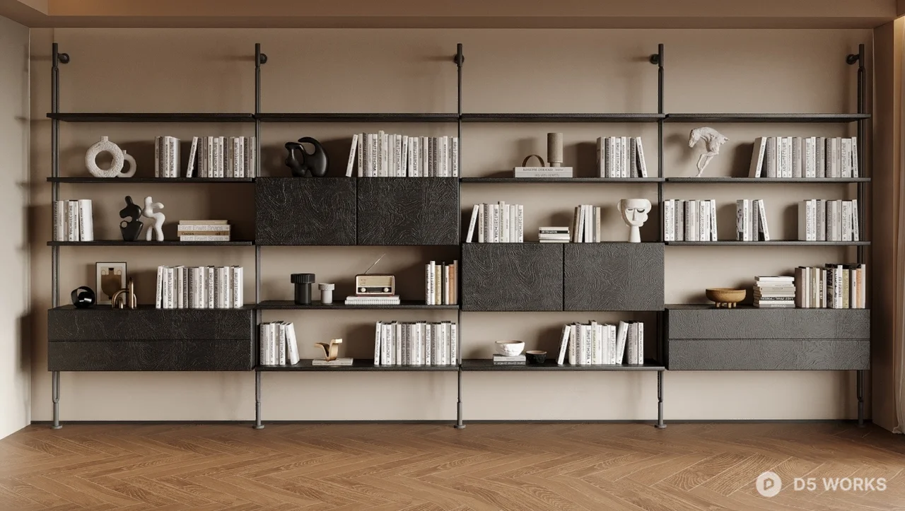 Minimalist Black Metal Bookshelf With Integrated Storage 3d model - Image 1