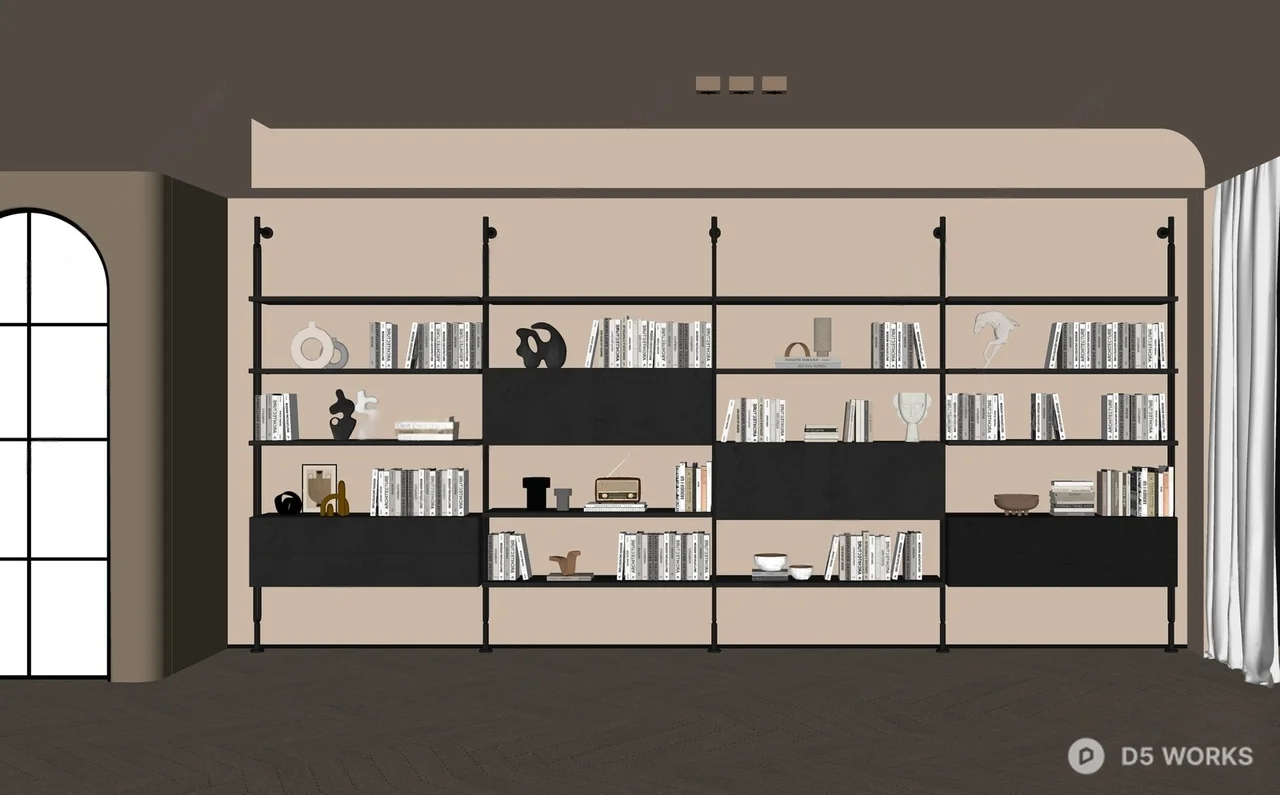 Minimalist Black Metal Bookshelf With Integrated Storage 3d model thumbnail 2