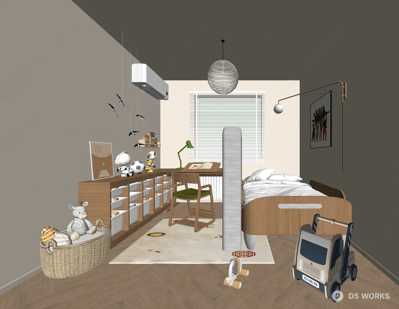 Minimalist Children's Room With Study Area And Storage 3d model thumbnail 2