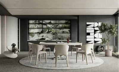 Minimalist Dining Room With Art Wall And Circular Rug 3d model
