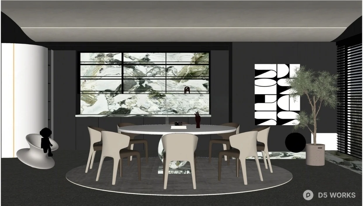 Minimalist Dining Room With Art Wall And Circular Rug 3d model thumbnail 2